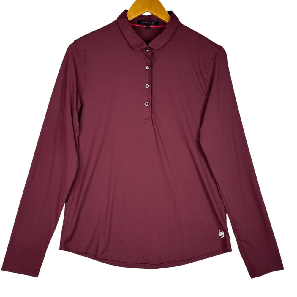 Greyson Golf Polo Women L Burgundy Long Sleeve Performance Stretch Wolf Logo